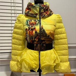 Yellow Quilted Peplum Jacket with Graphic Hood